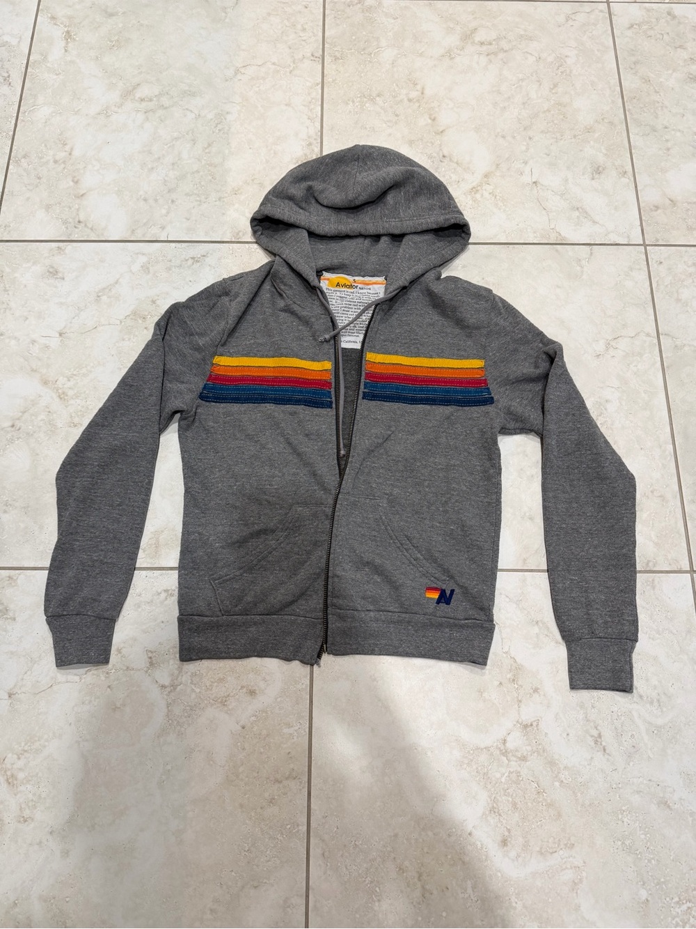 Aviator Nation Gray Zip Hoodie With Rainbow Chest Stripes